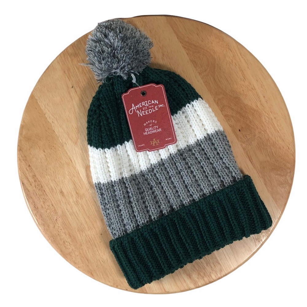 NWT American Needle Beanie Pom Pom Hat Stripe Green Gray Sweater Knit Cap New